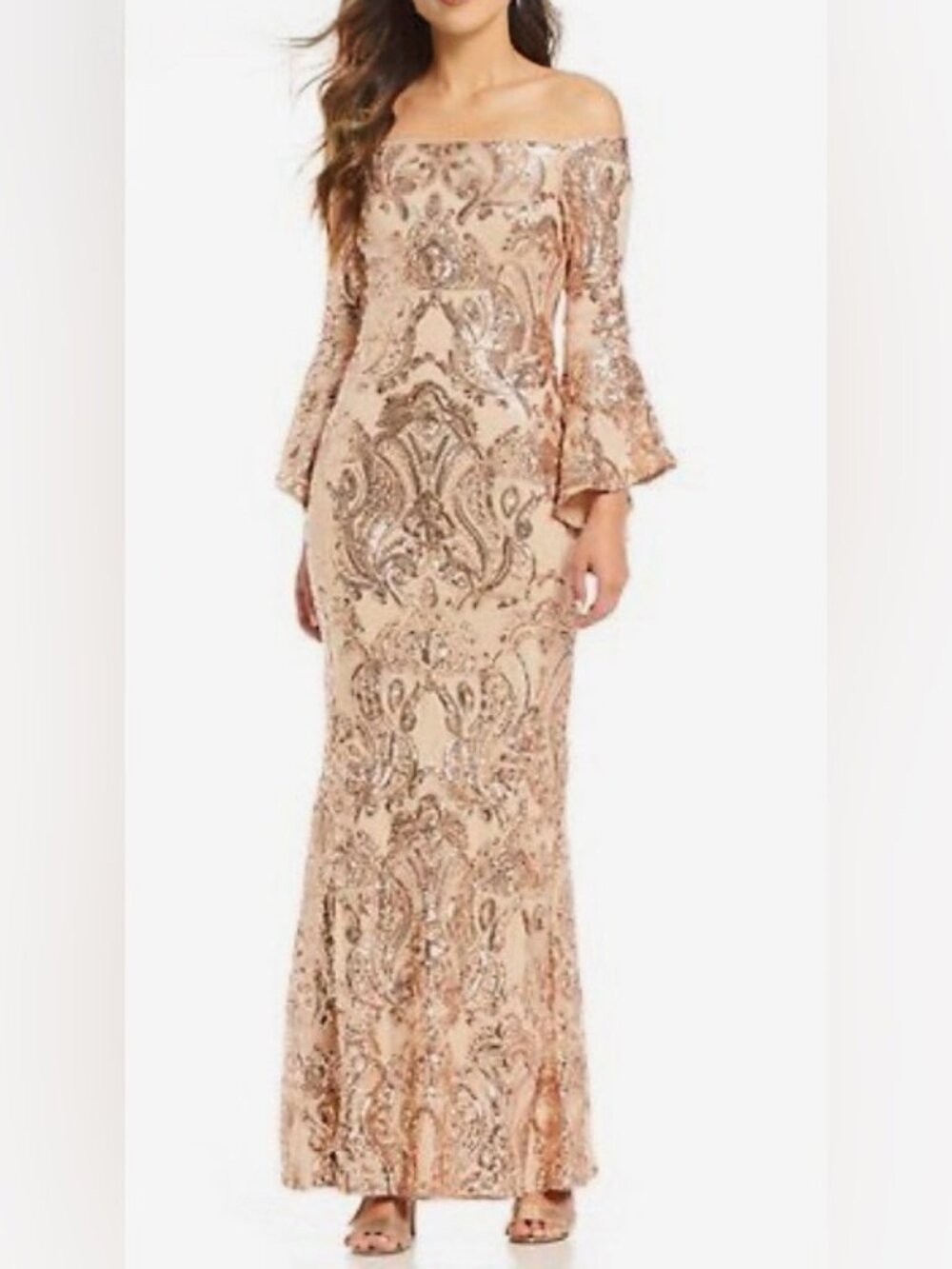 Betsy Adam NWOT Mesh and Sequin Maxi Form Fitting Evening Gown